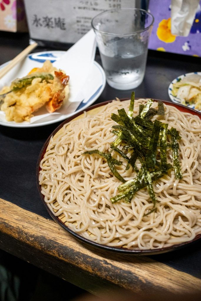 Cold soba with nori and tempura.