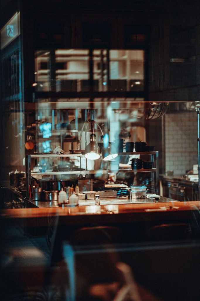 A cafe counter seen through a window in Tokyo.