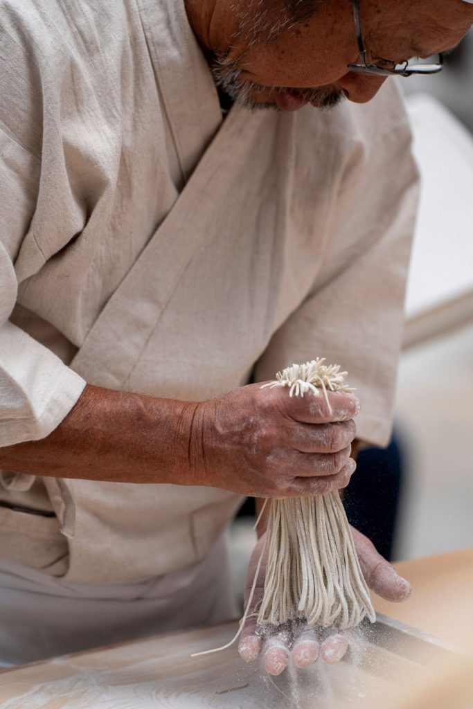 Fresh noodles prepared by hand.