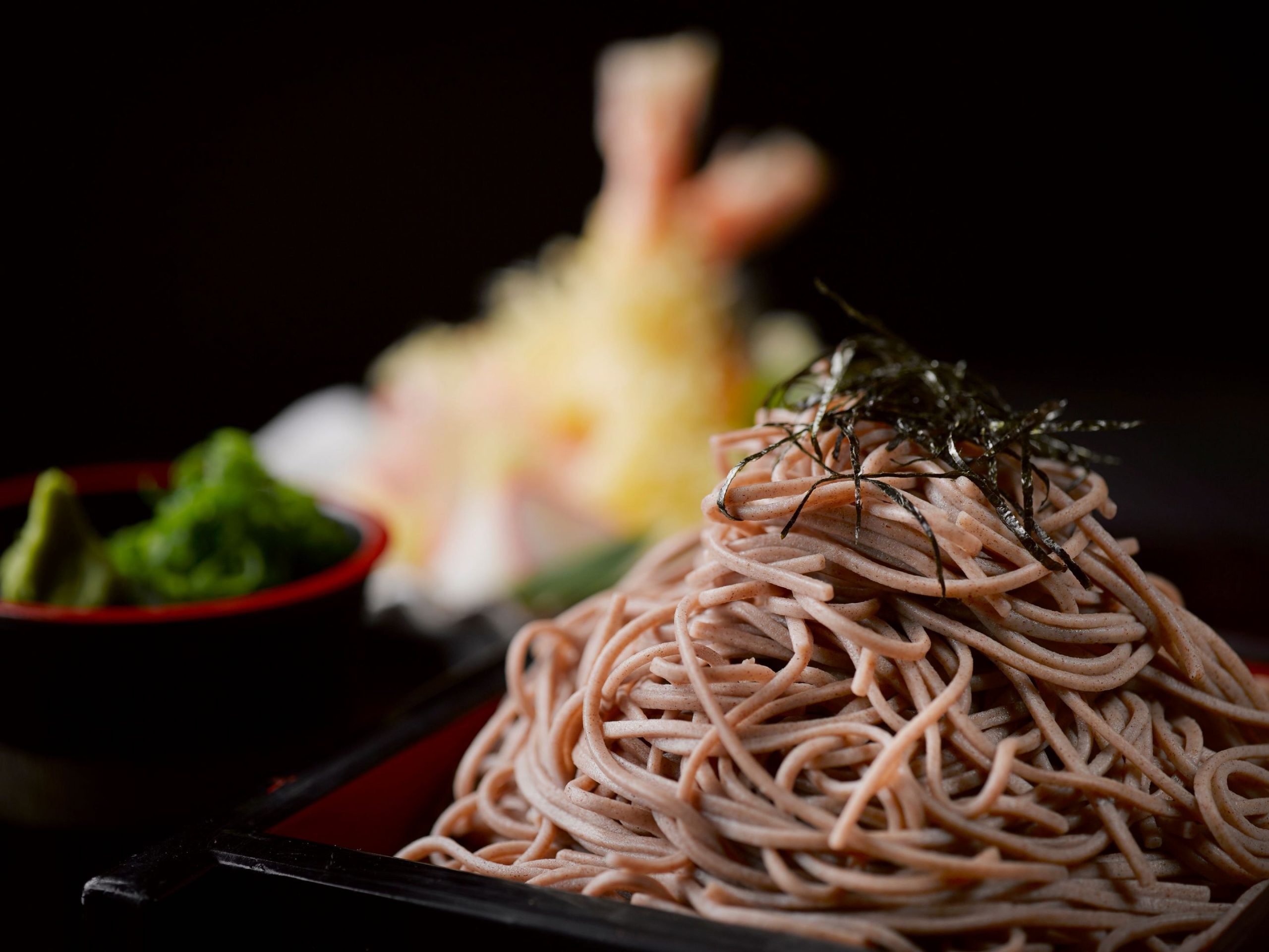 Soba with nori and tempura.